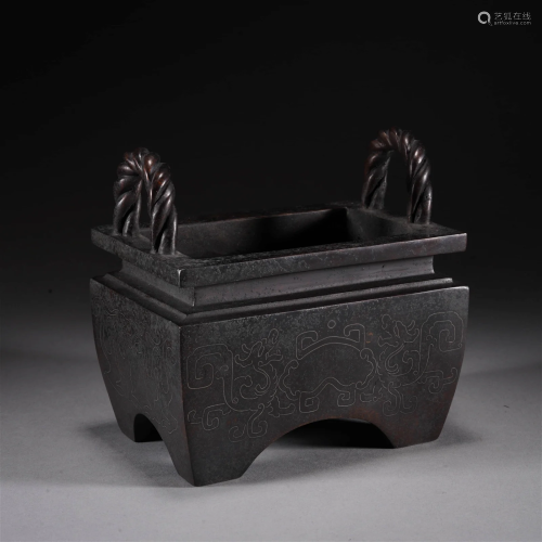 Silver Inlaying Bronze Double-eared Square Censer