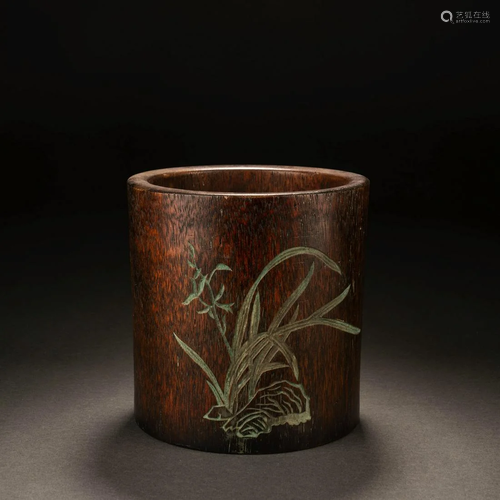 Carved Eaglewood Orchid Brush Pot