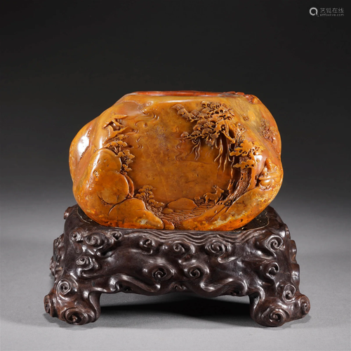 Carved Tianhuang Stone Stag and Pine Boulder