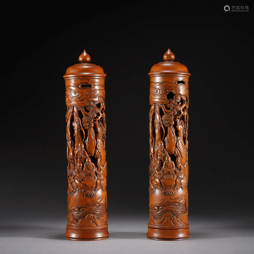 Pair of Carved Bamboo Scholar Incense Tubes