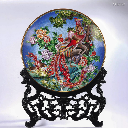 Cloisonne Enamel Phoenix and Peony Plate