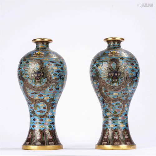 Pair of Cloisonne Enamel Dragon and Cloud Meiping Vases