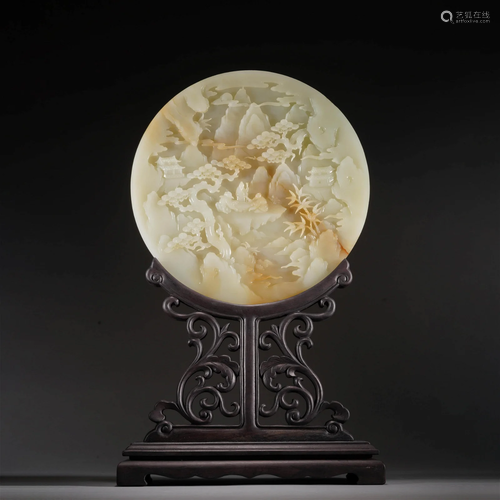 Carved White Jade Scholar and Pine Table Screen