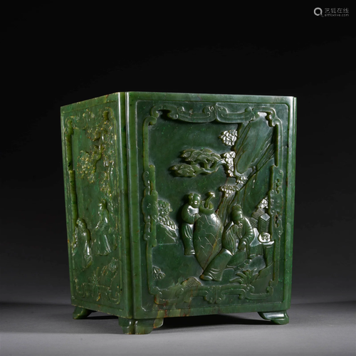 Spinach-green Jade Figure Story Square Brush Pot