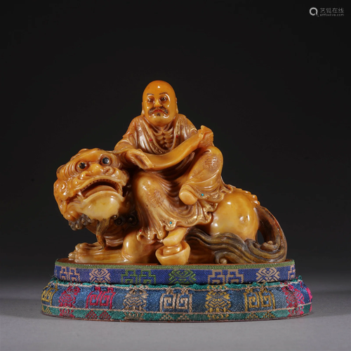 Carved Shoushan Stone Tiger and Arhat Ornament