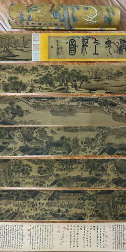 Chinese Livings Painting Hand Scroll, Ink and Color on Silk
