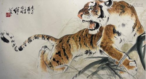 Chinese Tiger Painting Scroll, Ink and Color on Paper