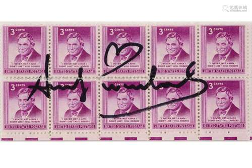 WARHOL ANDY (1930 - 1987) handgetekende geknipt 3 cent-postz...