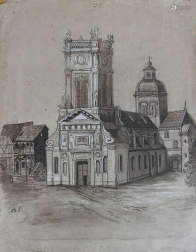 Ecole française XIXe. Eglise baroque. Encr