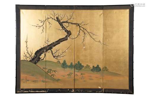 Japon, XXe siècle Paravent à quatre feuilles à décor d’un ar...