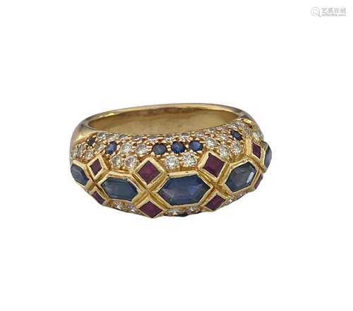 Bague jonc en or jaune 18 ct orné de saphirs et rubis de for...