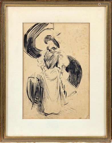 Henry SOMM (1844-1907) Portrait d'élégante  Dessin à la plum...
