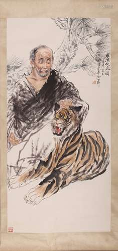 Chinese Arhat and Tiger Painting, Ink and Color on Paper, Wa...