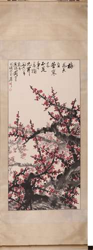 Chinese Plum Blossom Painting Scroll, Ink and Color on Paper...