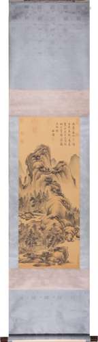 Chinese Landscape Painting Scroll, Ink and Color on Silk, Do...