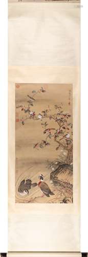 Chinese Flower and Bird Painting Scroll, Ink and Color on Pa...