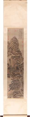 Chinese Landscape Painting Scroll, Ink and Color on Paper, W...