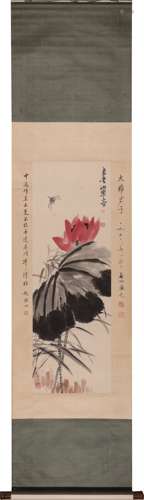 Chinese Lotus Painting Scroll, Ink and Color on Paper, Zhu L...