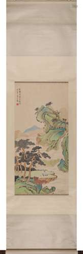 Chinese Landscape Painting Scroll, Ink and Color on Paper, H...