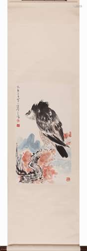 Chinese Eagle Painting Scroll, Ink and Color on Paper, Sun Q...