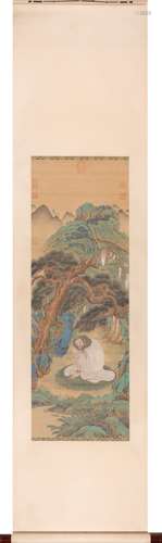 Chinese Arhat Painting Scroll, Ink and Color on Silk, Ding G...