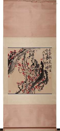 Chinese Plum Blossom Painting Scroll, Ink and Color on Paper...