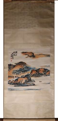 Chinese Landscape Painting Scroll, Ink and Color on Paper, Z...