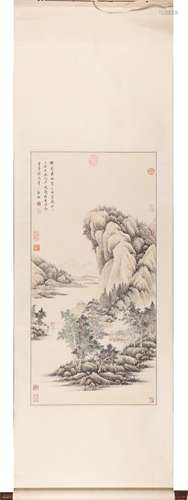 Chinese Landscape Painting Scroll, Ink and Color on Paper, W...