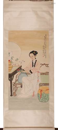 Chinese Lady Painting Scroll, Ink and Color on Paper, Xu Cao...