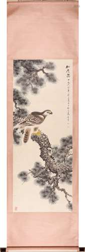 Chinese Eagle and Pine Painting Scroll, Ink and Color on Pap...