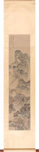 Chinese Landscape Painting Scroll, Ink and Color on Paper, W...