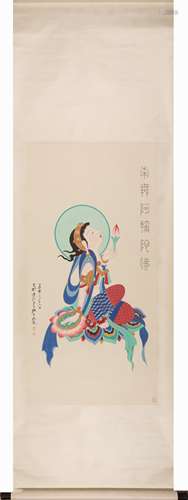 Chinese Buddha Painting Scroll, Ink and Color on Paper, Zhan...