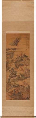 Chinese Landscape Painting Scroll, Ink and Color on Silk, Wu...