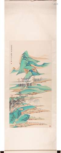 Chinese Landscape Painting Scroll, Ink and Color on Paper, H...