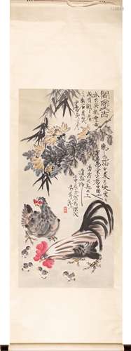 Chinese Rooster Painting Scroll, Ink and Color on Paper, Li ...