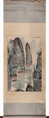 Chinese Landscape Painting Scroll, Ink and Color on Paper, B...