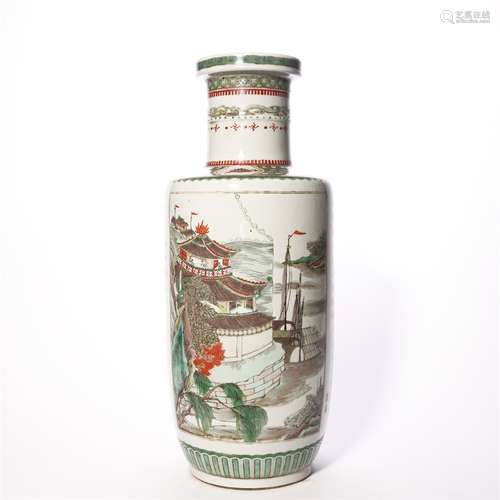 Wucai Glaze Figure Inscribed Rouleau Vase