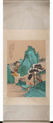 Chinese Landscape Painting Scroll, Ink and Color on Paper, P...