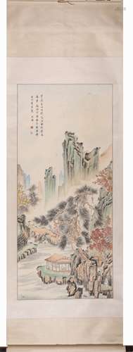 Chinese Landscape Painting Scroll, Ink and Color on Paper, H...