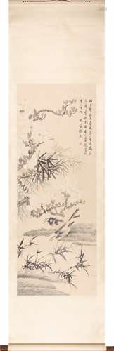 Chinese Flower and Bird Painting Scroll, Ink and Color on Pa...