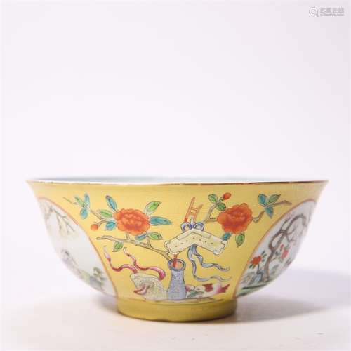 Yellow-Ground Famille Rose Enclosing Three Rams Bowl