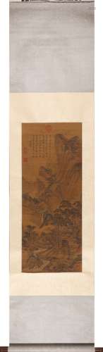 Chinese Landscape Painting Scroll, Ink and Color on Silk, Zh...