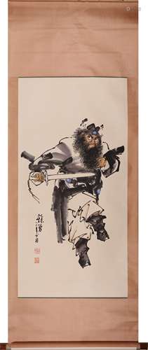 Chinese Zhongkui Painting Scroll, Ink and Color on Paper, Li...