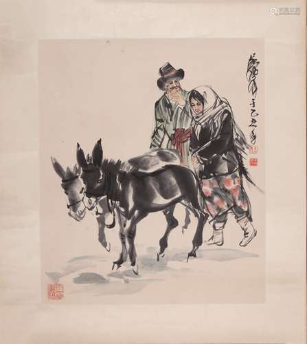 Chinese Donkey and Girl Painting, Ink and Color on Paper, Hu...