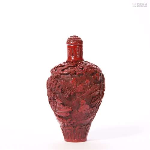 Carved Cinnabar Lacquer Scholar and Pine Snuff Bottle