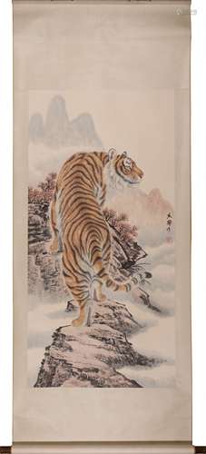 Chinese Tiger Painting Scroll, Ink and Color on Paper, He Xi...