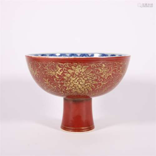 Iron-Red Glaze Gilt-Inlaid Interlocking Lotus Stem Bowl