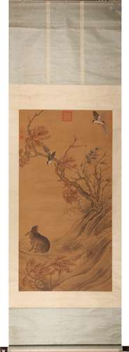 Chinese Flower and Bird Painting Scroll, Ink and Color on Si...