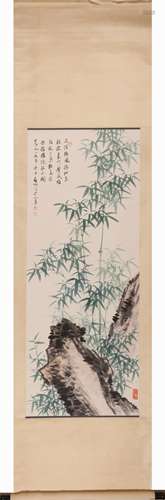 Chinese Bamboo and Stone Painting Scroll, Ink and Color on P...