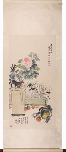 Chinese Furnishing Painting Scroll, Ink and Color on Paper, ...